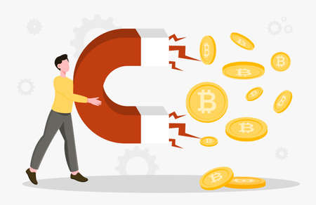 Collecting bitcoin concept. Young guy with magnet attracts coins. Metaphor for making money on Internet and financial literacy. Cryptocurrency and blockchain. Cartoon flat vector illustrationのイラスト素材