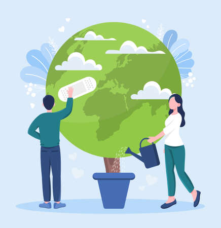 Save planet concept. Man glues plaster to globe, girl pours water from watering can. Eco activists take care of nature, volunteers. Motivation poster or banner. Cartoon flat vector illustrationのイラスト素材