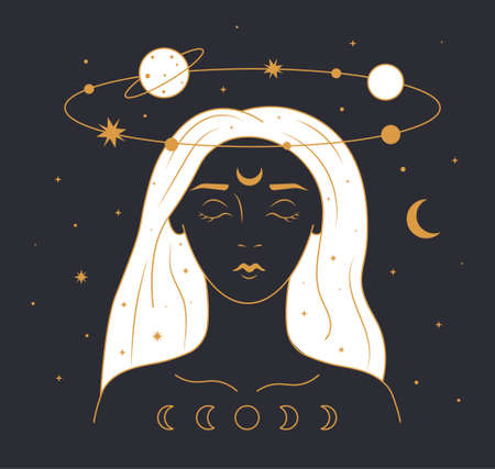 Mystical woman concept. Minimalistic and linear image of girl. Galaxy and universe, esoteric. Hidden power, magic and witchcraft, sorceress. Meditation and balance. Cartoon flat vector illustrationのイラスト素材