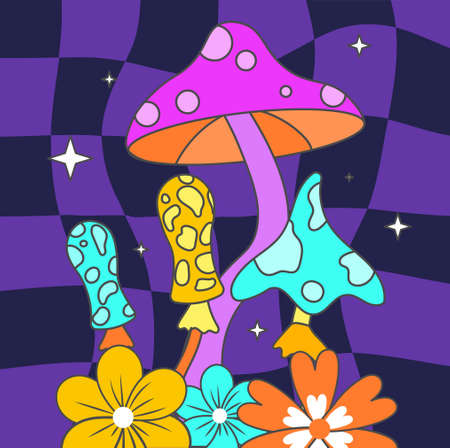 Set of colorful mushroom. Old psychedelic pictures and bright pictures. Hippie era, 80s and 90s. Poster or banner in retro style. Graphic elements for website. Cartoon flat vector illustrationのイラスト素材