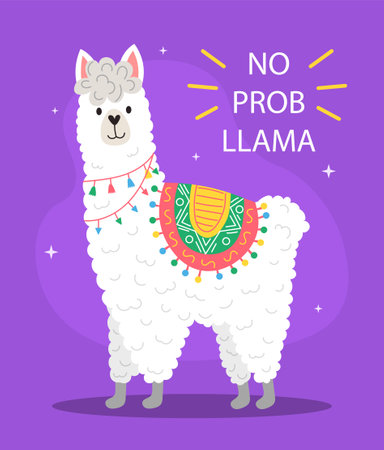 No prob llama. Alpaca and exotic cute animals. Posters and banners, graphic elements for website. Optimism and positivity, wildlife and nature. Motivational quote. Cartoon flat vector illustrationのイラスト素材