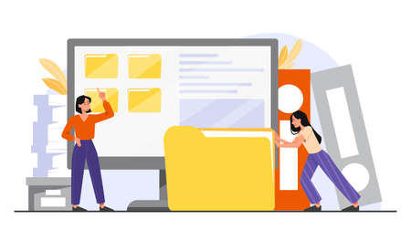 File manager concept. Young girls in archive and work with information. Digital world and modern technologies. Computer and monitor, team of employees in office. Cartoon flat vector illustrationのイラスト素材