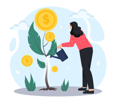 Investment growth concept. Young girl from watering can waters tree with coins. Financial literacy and passive income. Talented entrepreneur increases earnings. Cartoon flat vector illustrationのイラスト素材
