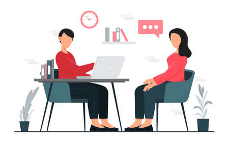 Job interview concept. Candidate for vacancy, staff expansion and new employees. Talented character talks about his achievements. HR manager and recruitment. Cartoon flat vector illustrationのイラスト素材
