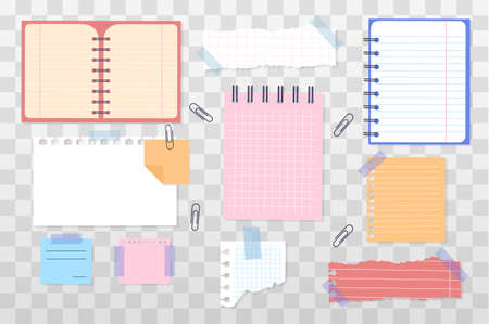 Paper notes set. Collection of graphic elements for website. Information and reminder, notepads. Planners for businessmen and workers. Realistic vector illustrations isolated on transparent backgroundのイラスト素材
