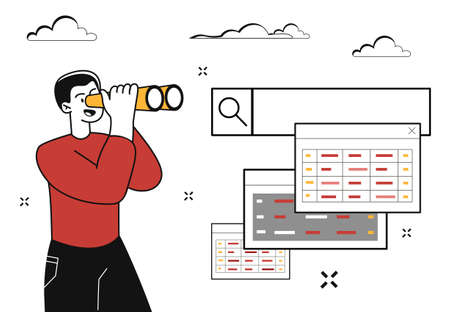 Man with binoculars. Young guy studies page. SEO specialist optimizes website. Modern technologies...