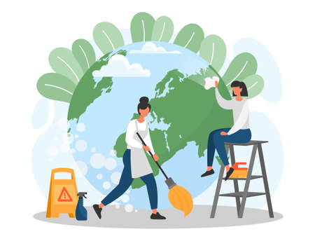 Volunteers wash planet. Ecology activists care about environment. Responsible society and charity. Reducing generation of hazardous waste, recycling and reuse. Cartoon flat vector illustrationのイラスト素材