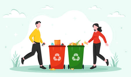 Waste sorting concept. Man and girl throw garbage into different baskets. Caring for ecology and environment. Recycling, responsible society. Food and plastic. Cartoon flat vector illustrationのイラスト素材