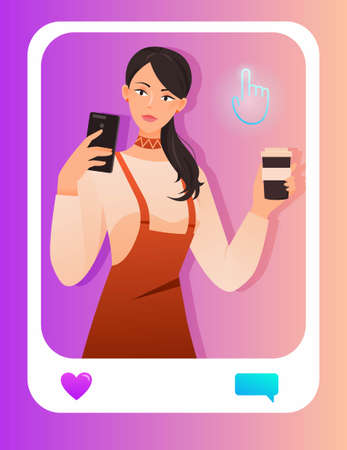 Woman with phone. Young girl holding smartphone and coffee. Social networks and post on Internet. Popular blogger, likes, repost and feedback, digital world. Cartoon flat vector illustrationのイラスト素材