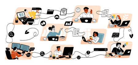 Team communication and project management concept. Men and women sit in their workplaces and perform tasks. Metaphor of teamwork and interaction between employees. Cartoon flat vector illustration,のイラスト素材