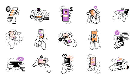 Hands holding mobile phones set. People tap on smartphone screen with fingers, scroll through social...
