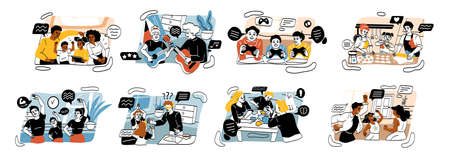 Set of family home activities. Parents and children play games, dance, exercise, or play guitar. Moms, dads, sons and daughters together. Cartoon flat vector collection isolated on white backgroundのイラスト素材