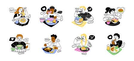 Set of kids having breakfast. Boys and girls eat sandwich, croissant, bacon, scrambled eggs,...