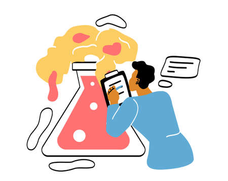 Scientist conducting scientific researches concept. Young man stands next to large flask of chemicals and records results of experiment. Chemist in laboratory. Cartoon flat vector illustrationのイラスト素材