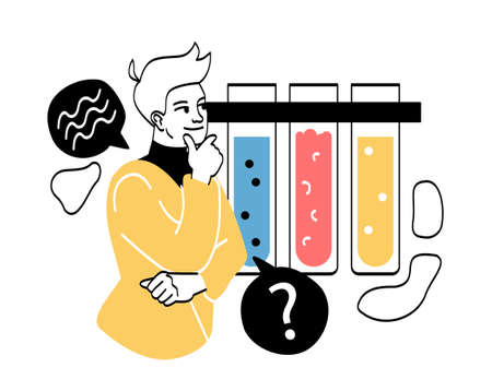Scientist conducting scientific researches abstract concept. Young man stands next to flasks of blood, plasma and chemical substance and thinks. Medicine and genetics. Cartoon flat vector illustrationのイラスト素材