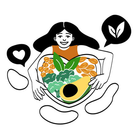 Vegetarian or vegan diet abstract concept. Young smiling woman holds plate with delicious vegetables, almonds nut, broccoli and avocado. Farm food. Cartoon contemporary flat vector illustrationのイラスト素材