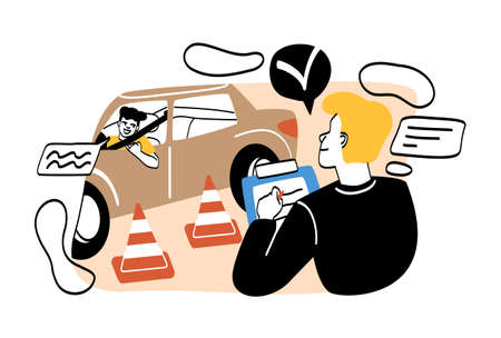 Education process in drive. Man notes correctness of driving another character. Young guy with notebook puts marks. Verification, check and final examination. Cartoon flat vector illustrationのイラスト素材
