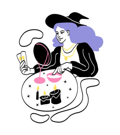 Fortune tellers predicting future. Girl in mirror determines future events. Character in witchs hat on ritual. Magic and extraterrestrial forces, superpower. Cartoon flat vector illustrationのイラスト素材