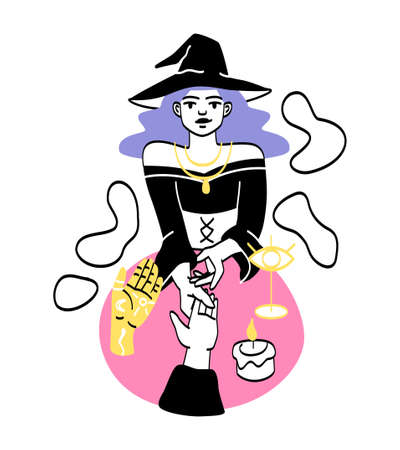 Fortune tellers predicting future. Girl holds clients hand. Fortuneteller and witch. Superpowers, predictions, ancient mystical rituals. Strange symbols, energy. Cartoon flat vector illustrationのイラスト素材