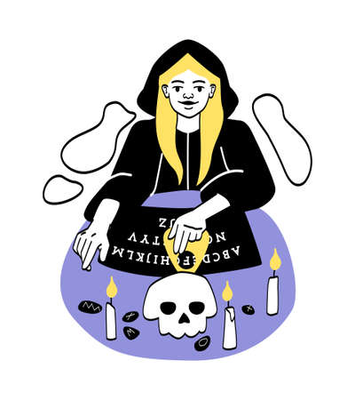 Fortune tellers predicting future. Girl performs ritual to protect against dark forces and evil spirits. Security, intangible energy, evil eye. Witch and sorcery. Cartoon flat vector illustrationのイラスト素材