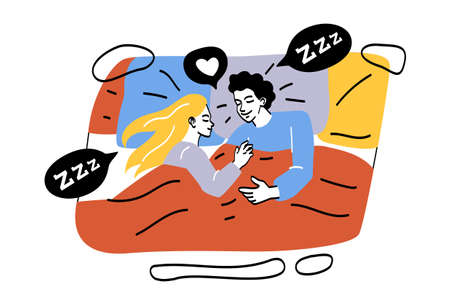 People lying under blankets. Young guy and girl hugging, lovers, happy family and couple. Care and comfort. Stylish design for greeting and invitation cards. Cartoon flat vector illustrationのイラスト素材