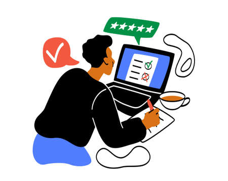 People passing online test. Guy looks at results of his exam, work on mistakes. Distance learning, homework and modern technologies. Student with coffee in front. Cartoon flat vector illustrationのイラスト素材