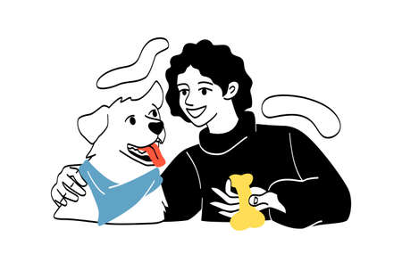 People and their pet. Girl hugs dog and holds bone in her hand. Young character, outdoor activity and fun in nature. City or town park, weekends. Summer or spring. Cartoon flat vector illustrationのイラスト素材