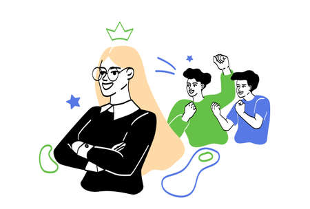 People celebrating success. Person stands with her arms folded across her chest. Friends support woman. Leader, colleagues and good atmosphere in office team. Cartoon flat vector illustrationのイラスト素材
