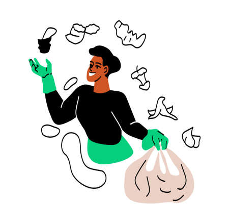 People collecting garbage. Man in gloves puts waste in bag. Street cleaner, activist and volunteer. Character takes care of cleanliness of city and environment. Cartoon flat vector illustrationのイラスト素材