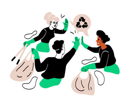 People collecting garbage. Team celebrates end of project. Eco activists removed garbage from streets of city. Characters sent materials for recycling for further use. Cartoon flat vector illustrationのイラスト素材