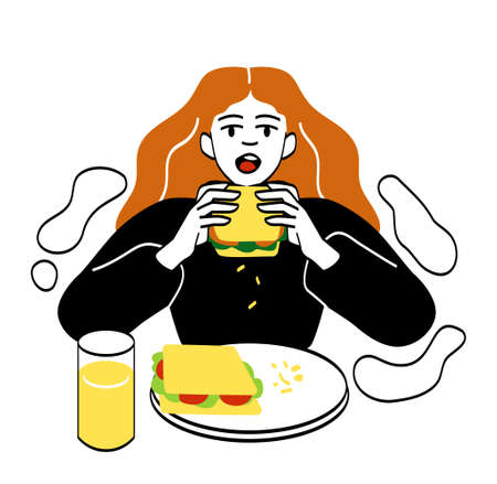 People eating food. Girl puts sandwich in her mouth. Character in cafe or restaurant. Fast food and harmful but delicious foods. Hunger, comfortable service. Cartoon flat vector illustrationのイラスト素材
