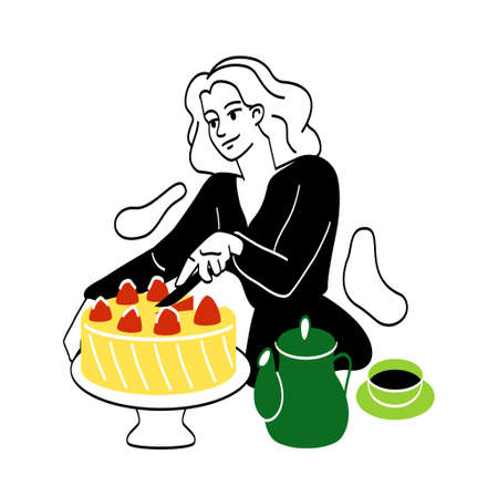 People eating food. Cute girl cuts cake into pieces with knife. Hostess pleases her loved ones. Festive events, sweets and pastries.のイラスト素材