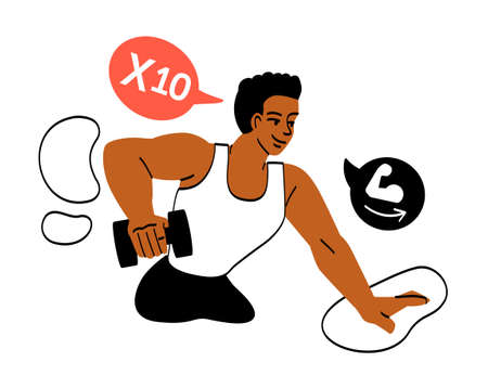 People exercising at gym. Man does exercise on his back. Gaining muscle mass and strengthening muscles. Bodybuilding or powerlifting, strength aerobic training. Cartoon flat vector illustrationのイラスト素材