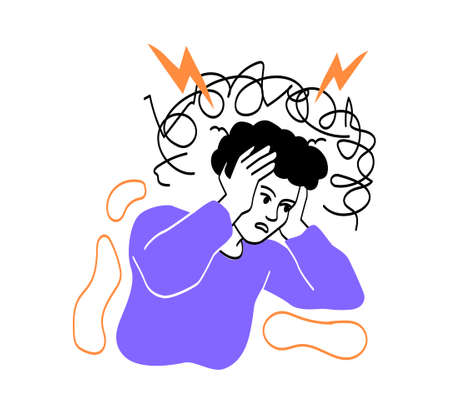 People in streess and fatigue. Man holds head with his hands. Character worries about failures at work and in his personal life. Internal problems and confusion. Cartoon flat vector illustrationのイラスト素材