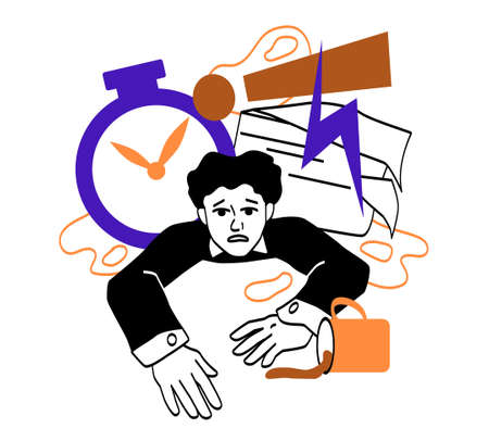 People in streess and fatigue. Man littered with documents, papers and watches. Too much work, busy schedule. Problems of modern world and high pace of life. Cartoon flat vector illustrationのイラスト素材