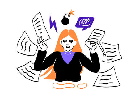 People in streess and fatigue. Girl throws leaves, emotional burnout and fatigue from monotonous work. Clerk or manager in office. Internal problems and anger. Cartoon flat vector illustrationのイラスト素材