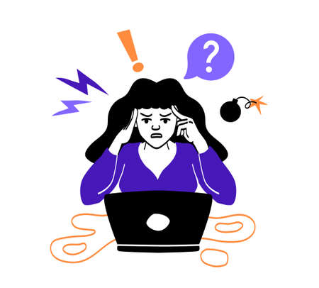 People in streess and fatigue. Girl sitting at laptop, propping up her temples with her fingers. Hardworking employee or manager. Office scenes and burnout, headache. Cartoon flat vector illustrationのイラスト素材