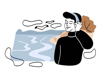 People resting in nature. Man in headphones standing near river. Tourism and active lifestyle. Young guy on vacation, camper and forest. Character on calm beach. Cartoon flat vector illustrationのイラスト素材