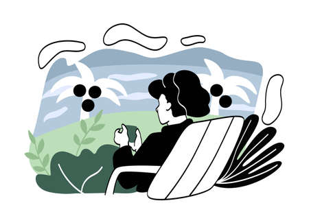 People resting in nature. Girl with mug sits and looks at valley. Field, palm trees and tropical island. Vacation, inner peace and relaxation. Beautiful landscape. Cartoon flat vector illustrationのイラスト素材