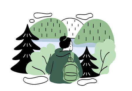 People resting in nature. Man or woman with backpack sits and looks at rain in forest, trees under cloud. Tranquility and fresh air. Internal comfort and coziness. Cartoon flat vector illustrationのイラスト素材