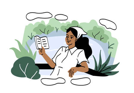 People resting in nature. Farmer girl with book in forest. Self development, useful hobbies, relax and recreation. Travel and vacation. Summer or spring season. Cartoon flat vector illustrationのイラスト素材