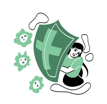 People with shields protecting. Young girl sitting behind shield. Immunity protection, health care. Medicine for body. Neatness and safety on street, viruses. Cartoon flat vector illustrationのイラスト素材
