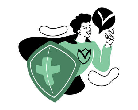 People with shields protecting. Superhero metaphor, man with shield smiles. Character for kids, fantasy and creativity. Picture for prints on childrens clothes. Cartoon flat vector illustrationのイラスト素材