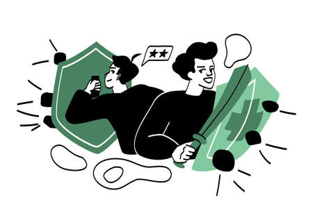 People with shields protecting. Men stand with their backs to each other. Metaphor of friendship and it victory. Good relationship, fighting, caring for each other. Cartoon flat vector illustrationのイラスト素材