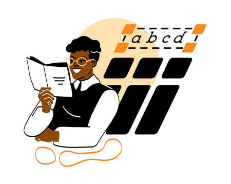 Columns of article. Character with book picks up letters and arrangement of words. Stylish and beautiful material design. Literature, knowledge and education. Cartoon flat vector illustrationのイラスト素材