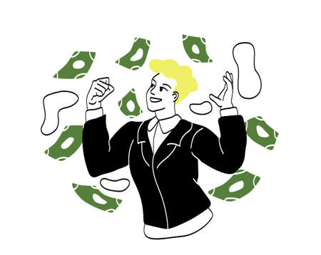 Rich and poor people. Man in suit throws money into air. Businessman celebrating success in business, experienced entrepreneur or investor, financial literacy. Cartoon flat vector illustrationのイラスト素材