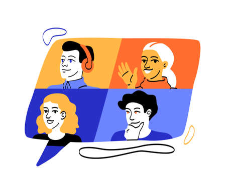 Social media marketing. Characters communicate via video link or conference. Monitor, display, digital world and modern technologies. Friends communicate on Internet. Cartoon flat vector illustrationのイラスト素材