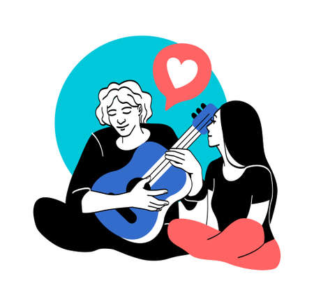 People on vacation. Man plays guitar for woman. Musician in fresh air, romantic date falling in love. Couple on picnic, outdoor relax and rest. Happy people. Cartoon flat vector illustrationのイラスト素材