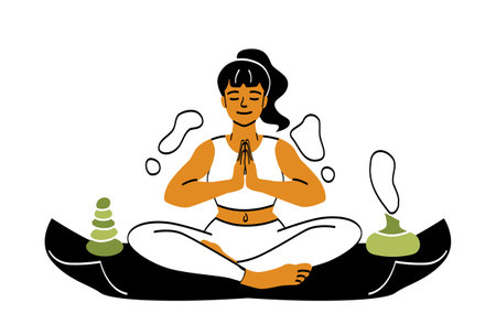 Women meditating concept. Girl sits in nature in lotus position. Internal balance and stretch. Asana and yoga classes, sports and active lifestyle. Cute person. Cartoon flat vector illustrationのイラスト素材