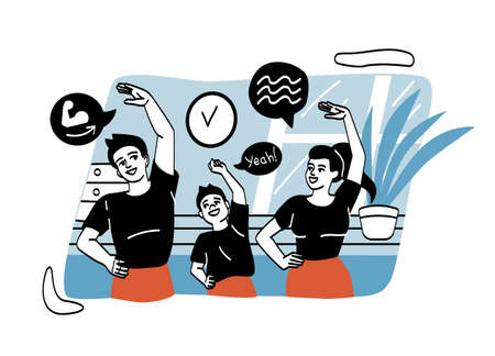 Family home activities abstract concept. Smiling mother, father and son play sports, perform...